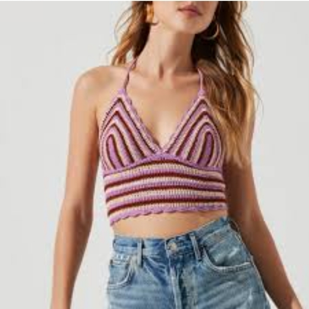 ASTR the Label Cabana Crochet Halter Crop Top Purple/ Brown Stripe S